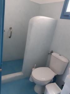 een badkamer met een wit toilet en een douche bij Delfini Hotel in Skala