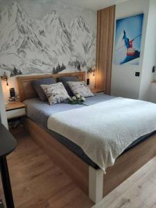 um quarto com uma cama com uma fotografia de um esquiador em Sublime Studio proche du lac avec parking privé em Viviers-du-Lac