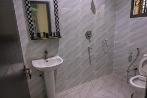 een badkamer met een wastafel, een toilet en een spiegel bij VETTAS APARTMENT in Akure