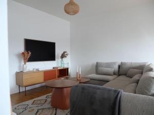 uma sala de estar com um sofá e uma televisão em Appartement 4pax : Parking, balcon, climatisation. em Boulogne-Billancourt
