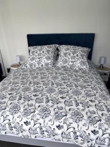 een bed met een zwart-witte deken en kussens bij Ma chaumière santenoise in Santeny