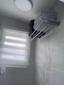 baño con toallero eléctrico y ventana en Ma chaumière santenoise en Santeny