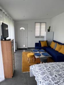 een woonkamer met een blauwe bank en een tv bij Ma chaumière santenoise in Santeny