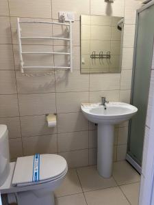 een badkamer met een wastafel, een toilet en een spiegel bij Готель-спа "Еліт" in Kolʼchyno