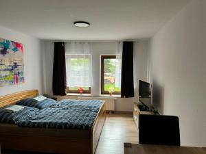 a bedroom with a bed and a flat screen tv at Pension Sachseneck in Heidenau