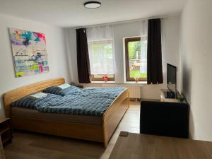 a bedroom with a bed and a television in it at Pension Sachseneck in Heidenau