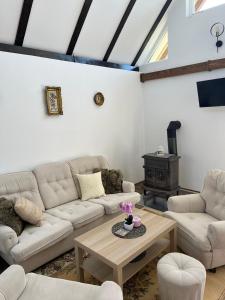a living room with couches and a table and a stove at Vikendica Živković in Lazarevac +44 photos