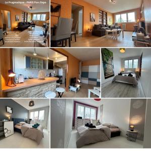 a collage of photos of a living room and a living room at Le Pragmatique - Paris Parc Expo, logement entier in Vanves