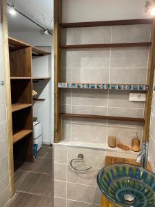 bagno con doccia, lavandino blu e scaffali di Sur La Mer - Appartement Deux chambres à Schoelcher a Schœlcher