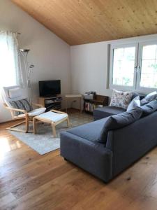 ein Wohnzimmer mit einem Sofa und einem TV in der Unterkunft Ballmoos Ferienwohnung in Gais
