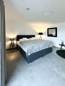 ein Schlafzimmer mit einem großen Bett und einem Spiegel in der Unterkunft Si-View Doppelzimmer mit Balkon Zimmer 1 in Siegen