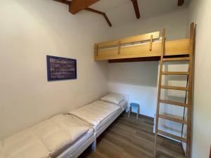 a room with two bunk beds and a ladder at J10 freistehendes Ferienhaus in Eckwarderhörne mit Terrasse eingefriedet durch Buchenhecke und Zaun in Butjadingen