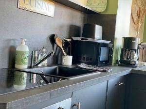 a kitchen counter with a sink and a microwave at L'Atelier Saint-Martin by Melrose in Saint-Martin-des-Entrées +15 photos