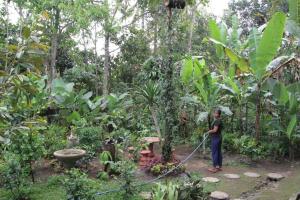 Tampaksiring的住宿－Jungle Joglo，站在花园中的女人,带着水管