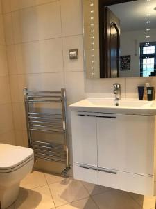 a bathroom with a toilet and a sink and a mirror at Beautiful Stratford-On-Avon House, suits 14 - 15 in Shottery