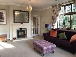 a living room with a couch and a fireplace at Beautiful Stratford-On-Avon House, suits 14 - 15 in Shottery