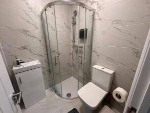 a bathroom with a shower with a toilet and a sink at London Westminster nearby Zone1 in London