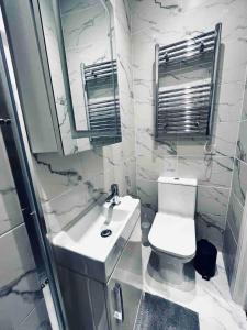 a bathroom with a sink and a toilet and a mirror at Central London- Zone 1 - Room 3 in London