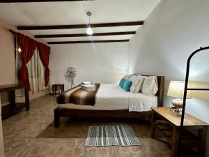 a bedroom with a bed and a lamp and a table at Hostal Qachi Chentura in San Pedro de Atacama
