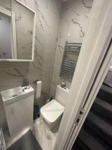 a bathroom with a toilet and a sink and a mirror at London Waterloo Moments away in London +1 photo
