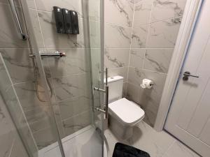 a bathroom with a toilet and a glass shower at London Vauxhall - Victoria room in London +2 photos