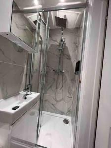 una ducha con una puerta de cristal junto a un lavabo en London Bridge 15 minutes away en Londres