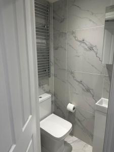La salle de bains est pourvue de toilettes blanches et de murs en marbre. dans l'établissement London Eye,Big Ben 10 mins away, à Londres