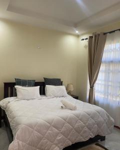 a bedroom with a large white bed with a window at Kumwitu Luxury Apartments in Lusaka