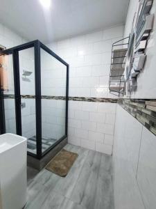 uma casa de banho com um chuveiro e uma porta de vidro em Kumwitu Luxury Apartments em Lusaka