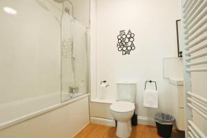 a white bathroom with a toilet and a shower at Lovely Salisbury 1 bedroom flat in Bristol