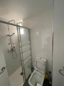La salle de bains est pourvue de toilettes et d'une douche en verre. dans l'établissement Apartamento 2 habitaciones, à Torre del Mar