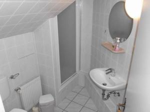 uma casa de banho com um lavatório, um WC e um espelho. em Appartement mit Garten em Werneuchen