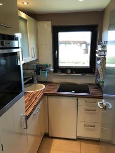 布特亚丁根E13 Ferienhaus mit Garten, Terrasse und Deichblick的带水槽和窗户的厨房