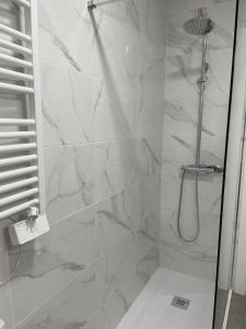 ein Bad mit einer Dusche und weißen Marmorwänden in der Unterkunft VINOS DE OURENSE in Ourense