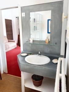 ein Bad mit einem Waschbecken und einem Spiegel in der Unterkunft Villa de 5 chambres avec piscine privee jacuzzi et jardin amenage a Saint Paul de Varax in Saint-Paul-de-Varax