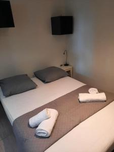 twee bedden in een kamer met handdoeken erop bij Villa climatisée piscine in Montpellier