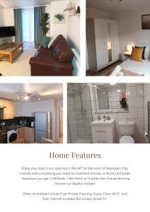 un collage de tres fotos de un dormitorio y una sala de estar en Spacious Elegant 2-BR Apartment in Aberdeen City Centre, en Aberdeen