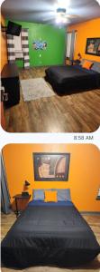 duas fotografias de um quarto com uma cama e uma parede laranja em COZY PRIVATE ROOM #2 em Dallas