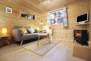 a living room with a couch and a fireplace at Scandi Cabin On A Hill, With Stunning Views Across Cornwall in Nancledra