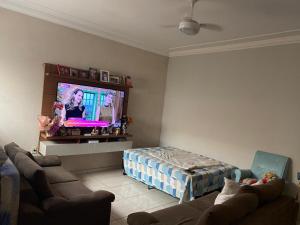 uma sala de estar com um sofá e uma televisão de ecrã plano em Casa com piscina disponível pra festa do peão em Barretos