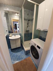 a bathroom with a washing machine and a sink at Lovely apartment in Riga city in Rīga