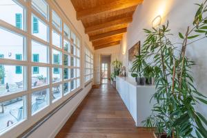 a hallway with large windows and plants in a building at Casa Rita, Charming House with pool, Asti in Asti
