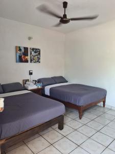 a bedroom with two beds and a ceiling fan at Hotel del Callejón in Zihuatanejo