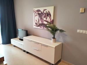 a white cabinet with a tv and a potted plant on it at Apartamento Moderno en Guardamar in Guardamar del Segura