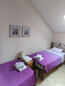 two beds in a room with purple sheets at Apartmani Bon Bons in Soko Banja