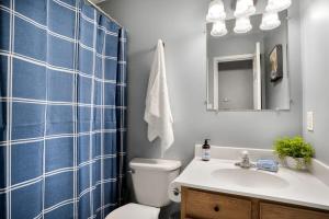 La salle de bains est pourvue de toilettes, d'un lavabo et d'un miroir. dans l'établissement Modern Cottage Hot Tub River Access Fire Pit, à Luray