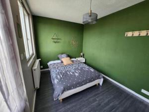 - une chambre avec des murs verts et un lit dans l'établissement Joli appartement près de Rouen, à Le Petit-Quevilly