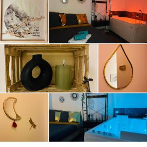 a collage of pictures of a room with a bed and a mirror at L'échappée romantique in Orvault