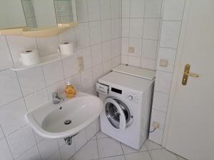 a bathroom with a washing machine and a sink at 2 Raum Zwickau Privat in Zwickau