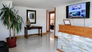 ein Wohnzimmer mit einem Kamin und einer Topfpflanze in der Unterkunft Hotel 5° Estación in Caldera